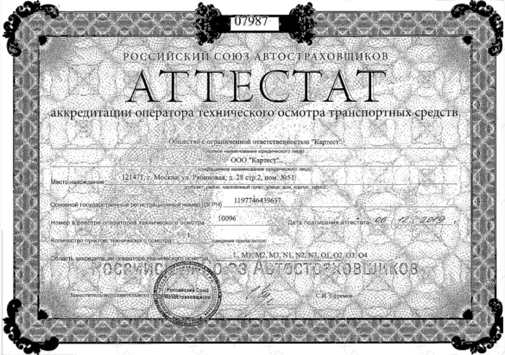 Скан аттестата оператора техосмотра №10096 ООО "Картест"