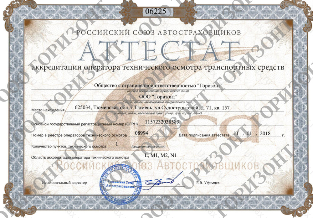 Скан аттестата оператора техосмотра №08994 ООО "Горизонт"