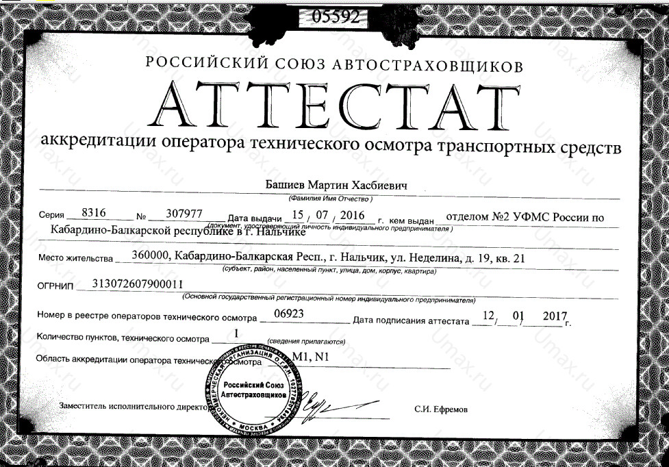 Скан аттестата оператора техосмотра №06923 ИП Башиев М. Х.