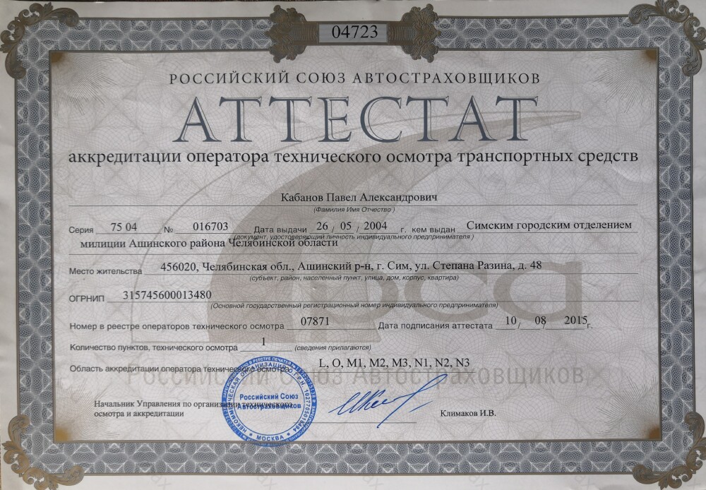 Скан аттестата оператора техосмотра №07871 ИП Кабанов П. А.