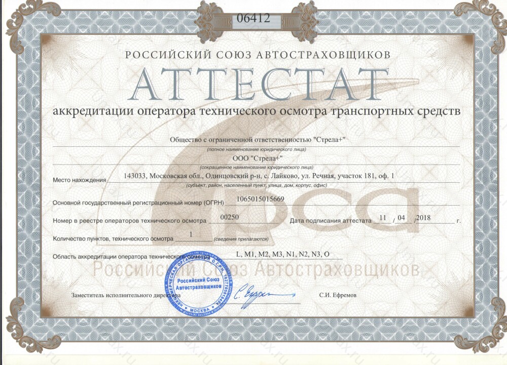 Скан аттестата оператора техосмотра №00250 ООО "Стрела+"